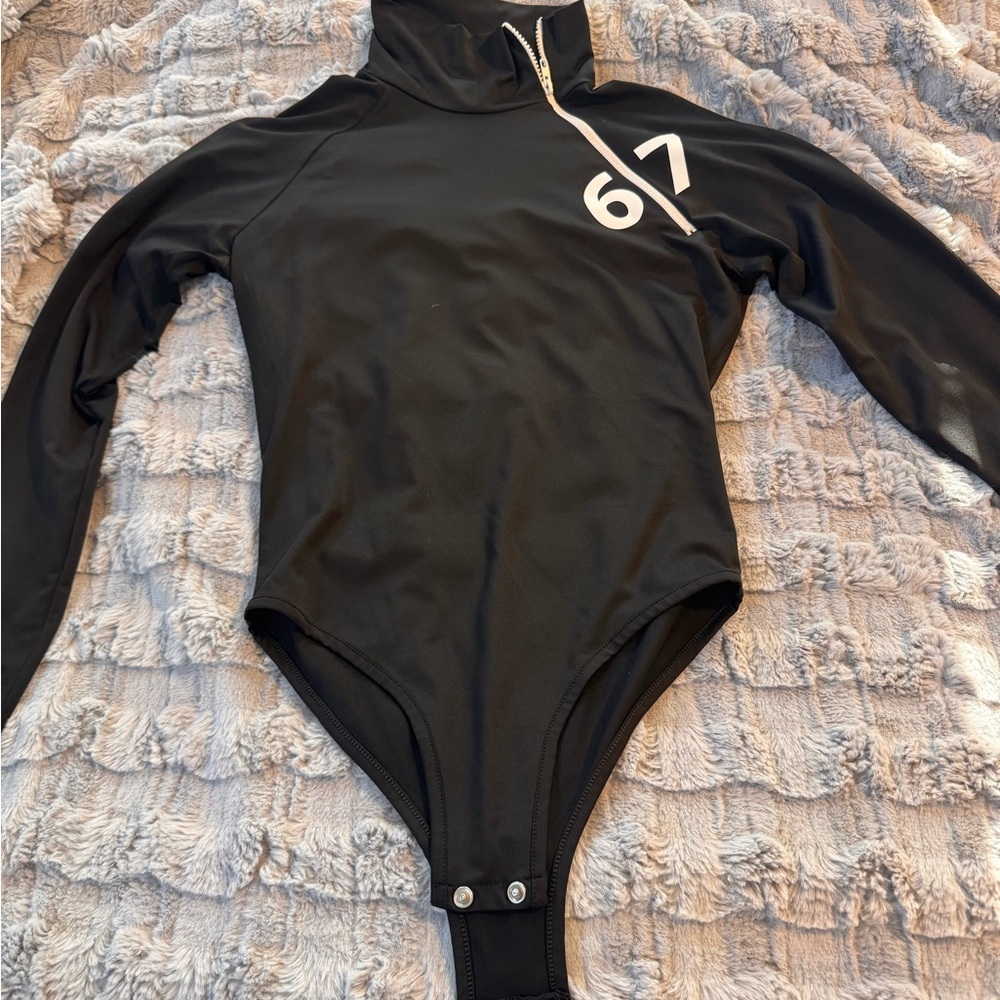 Women’s Good Sport Medium Black Long Sleeve Bodysuit with Zip & Number 67 Detail